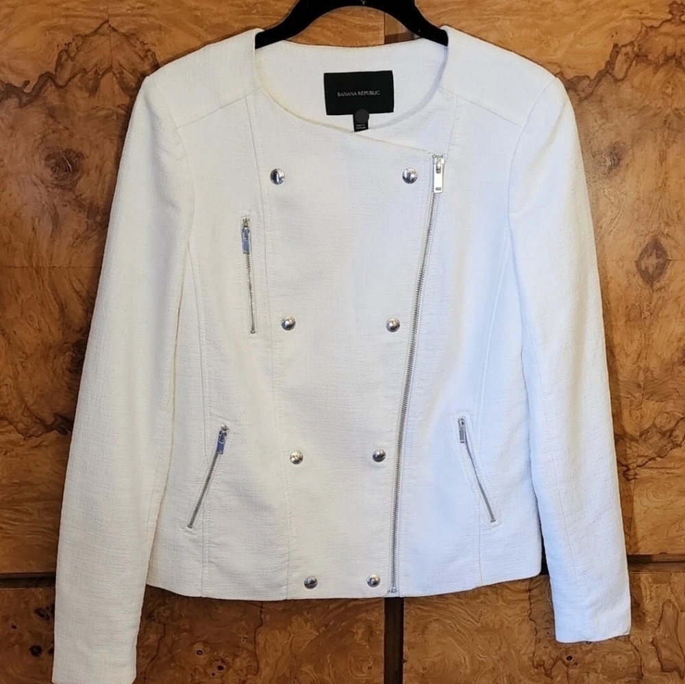 Banana Republic White Tweed Zipper Moto Jacket Blazer